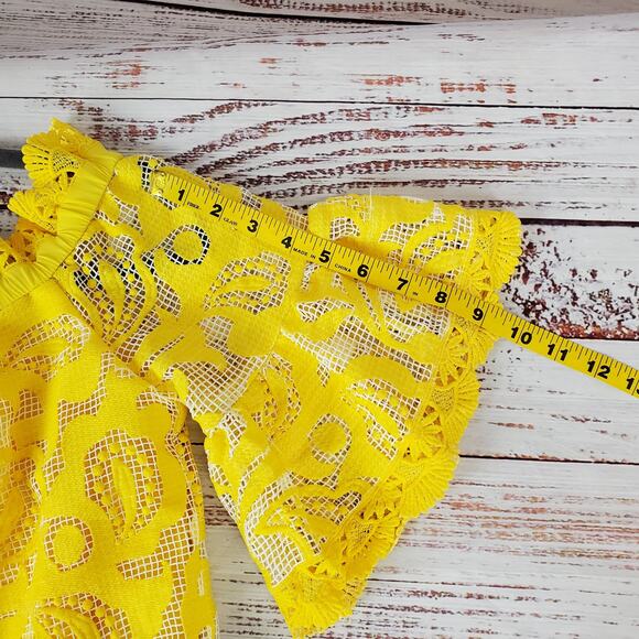Alexis Yellow Silk Lace Mini Dress XS Off Shoulder Floral Fairy Coquette Kawaii - Picture 14 of 16